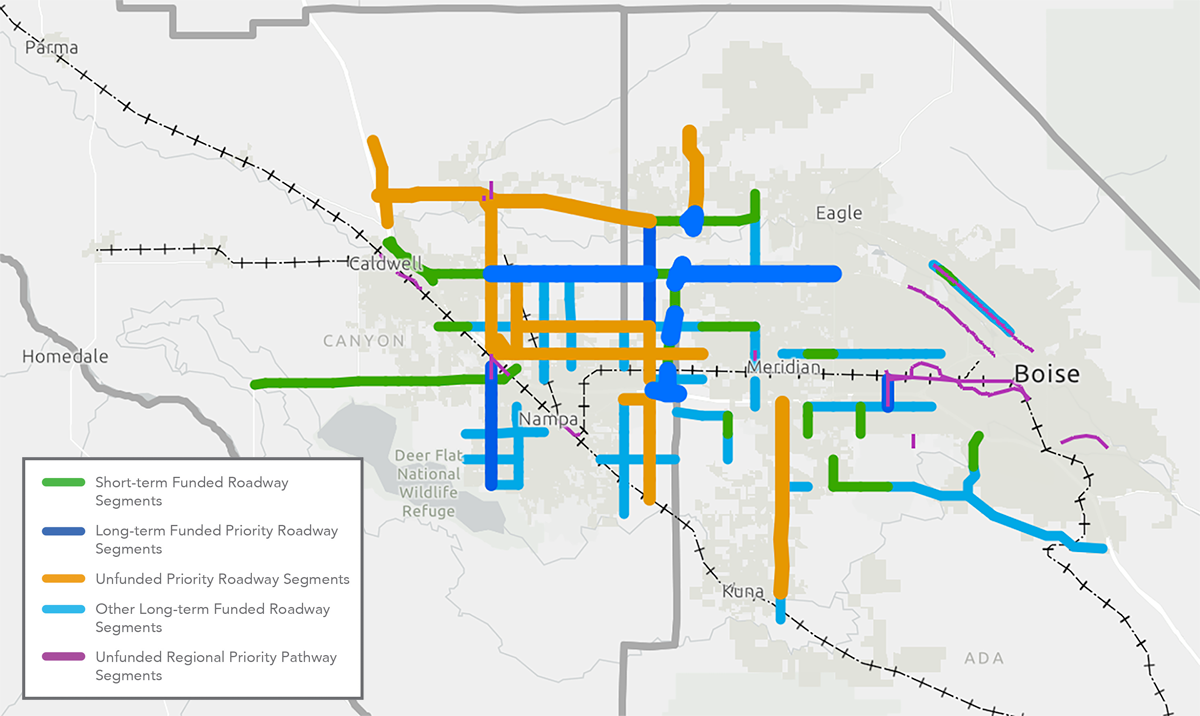 Map depicting the CIM 2050 funded and unfunded priority roadway and pathway projects.