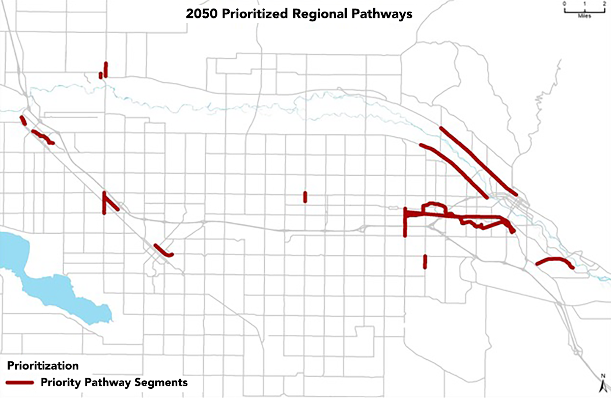 Map depicting the 2050 prioritized regional pathways in Ada and Canyon Counties.
